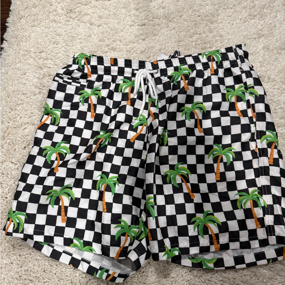 Free Planet Black and White Checkered Palm Tree Swim Shorts